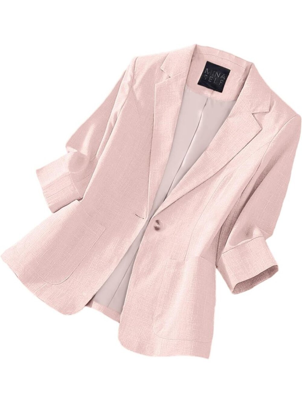 Women's Pink Cowl Neck 3/4 Sleeve Button Pockets Breathable Molded Linen Blazer